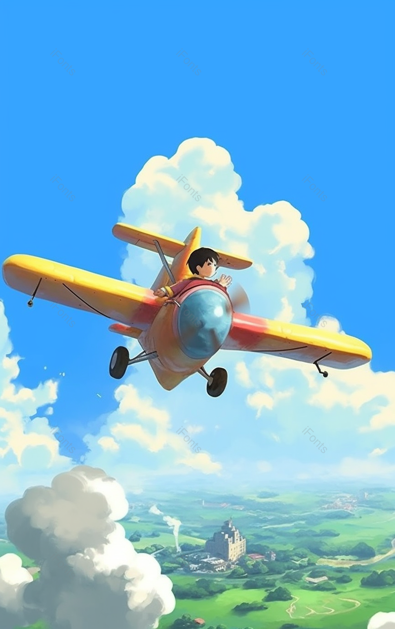 一个男孩孩子小孩小朋友驾驶飞机飞行在蓝色天空俯视地面清新可爱儿童节插画,插画/手绘图,插画/手绘图库,插画/手绘图下载,插画/手绘